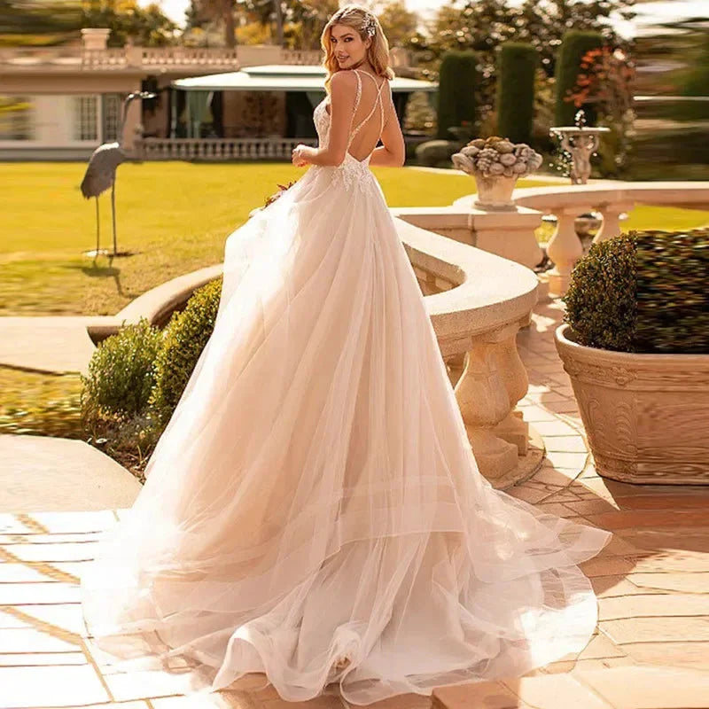 Appliques Vestido De Noiva Sexy V-neck Vestidos De Novia Spaghetti Straps Wedding Dresses Lace Robe De Mariée