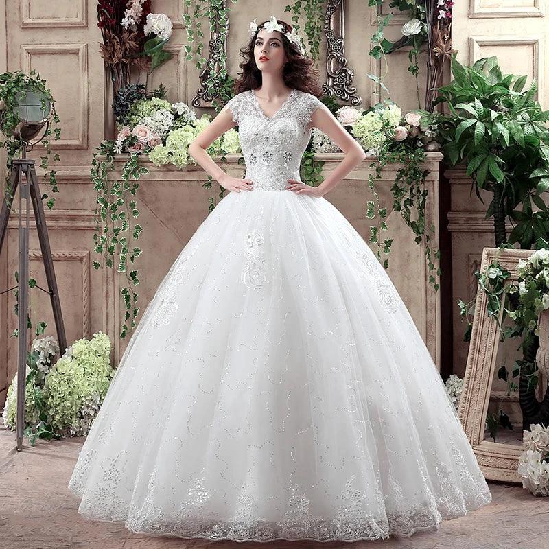 Applqiues Vestido De Noiva Cap Sleeve Wedding Dresses V-neck Vestidos De Novia