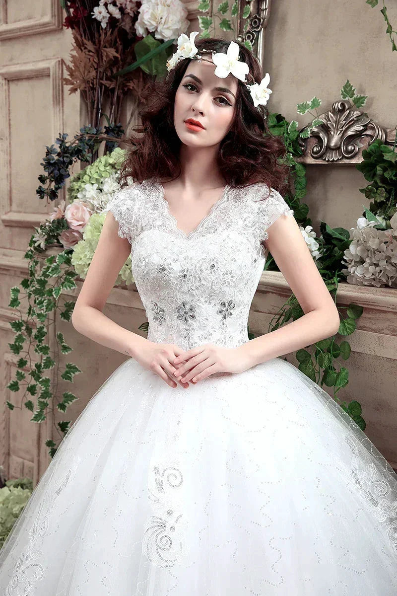 Applqiues Vestido De Noiva Cap Sleeve Wedding Dresses V-neck Vestidos De Novia