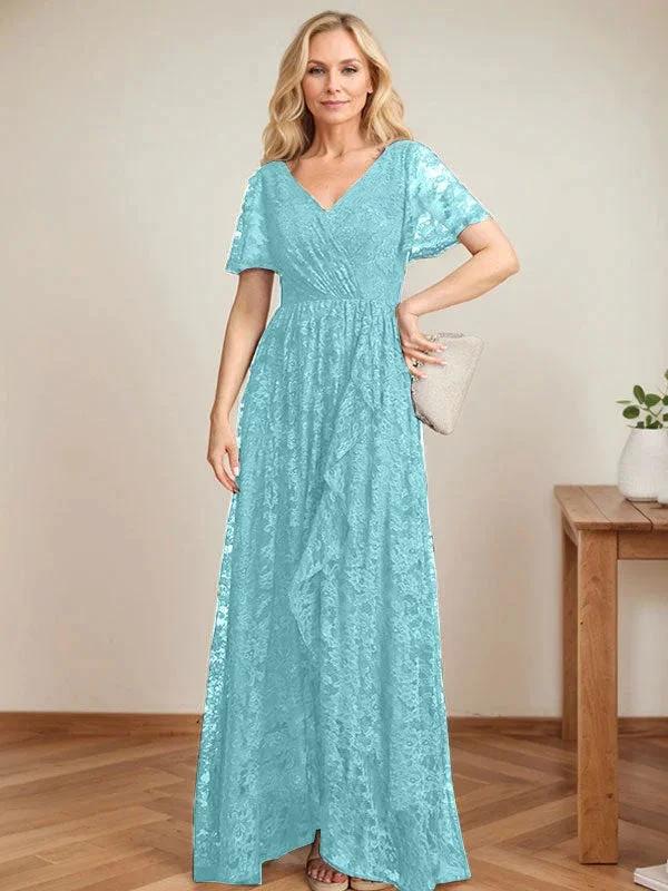 A-Line V-Neck Asymmetrical Lace Mother of the Bride Dress With Cascading Ruffles