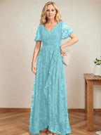 A-Line V-Neck Asymmetrical Lace Mother of the Bride Dress With Cascading Ruffles