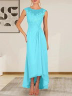 Champagne A-Line Scoop Lace Chiffon Dress