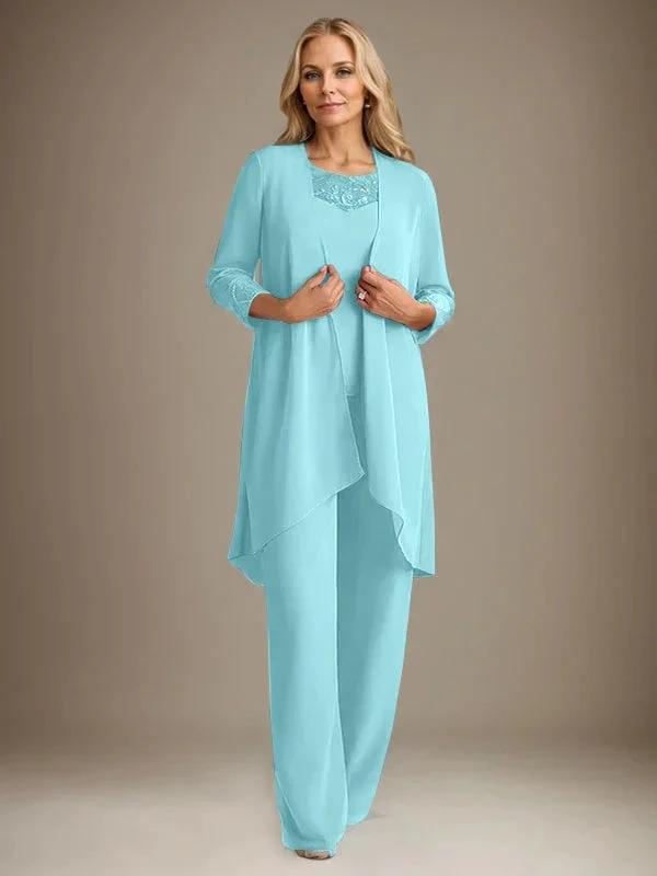 Chiffon Scoop Long Sleeves Mother Of The Bride Pantsuits With Jacket