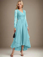 A-line V-Neck Asymmetrical Lace Chiffon Mother of the Bride Dress
