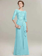 A-line Scoop Illusion Floor-Length Lace Chiffon Mother of the Bride Dress With Cascading Ruffles