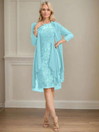 Sheath/Column Scoop Illusion Knee-Length Lace Chiffon Mother of the Bride Dress With Cascading Ruffles Sequins