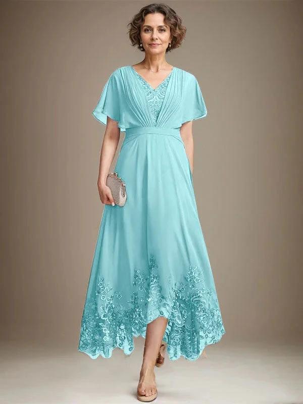 A-line V-Neck Asymmetrical Lace Chiffon Mother of the Bride Dress With Pleated