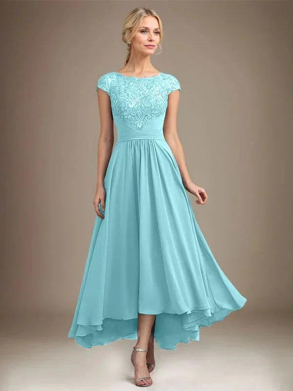 A-line Scoop Illusion Asymmetrical Lace Chiffon Mother of the Bride Dress With Pleated