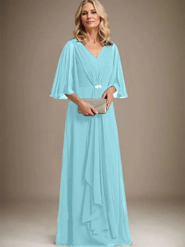 A-line V-Neck Floor-Length Chiffon Mother of the Bride Dress With Cascading Ruffles Crystal Brooch