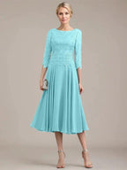 A-line Scoop Tea-Length Lace Chiffon Mother of the Bride Dress