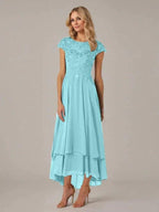 A-line Boat Neck Illusion Asymmetrical Chiffon Lace Mother of the Bride Dress With Applique Pleats