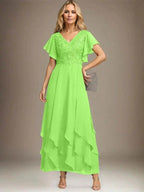 A-line V-Neck Ankle-Length Lace Chiffon Mother of the Bride Dress With Cascading Ruffles