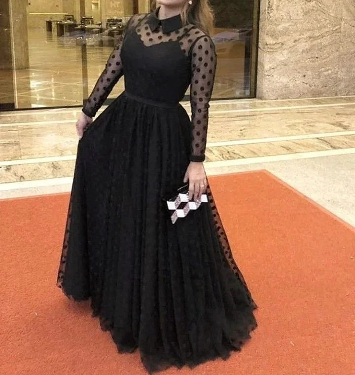 Black A-line Long Sleeves Prom Dress Black Evening Dress Y5691