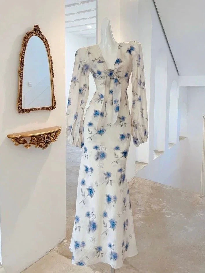 Elegant Ice Blue Rose Chiffon Print Floral Prom Dress Long Mermaid Evening Dress Y8407
