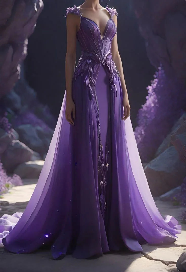 Classy Purple Chiffon Applique Sheath Evening Dress Long Prom Dress Y8316