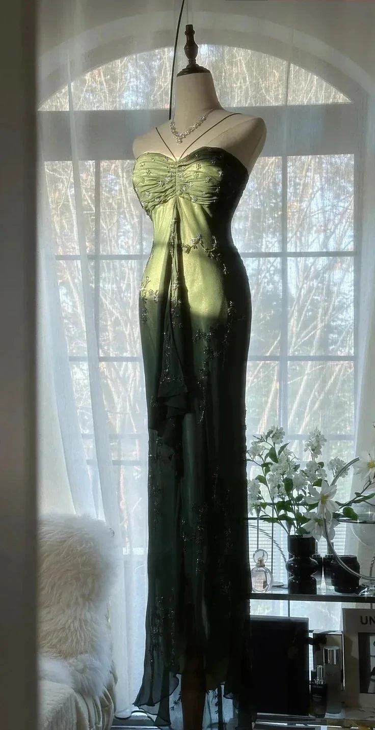 Vintage Dark Green Bodycon Satin Beaded Prom Dress Long Evening Dress Y8557