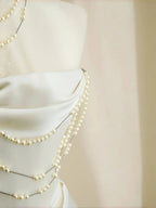 Classy Strapless Satin Pearls Chain White Prom Dress A Line Evening Dress Y8684