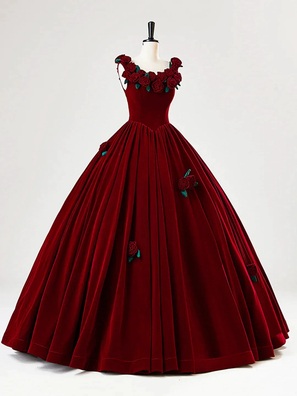 Beautiful Burgundy Velvet Quinceanera Dress Birthday Ball Gown With Rose Flowers Y7750