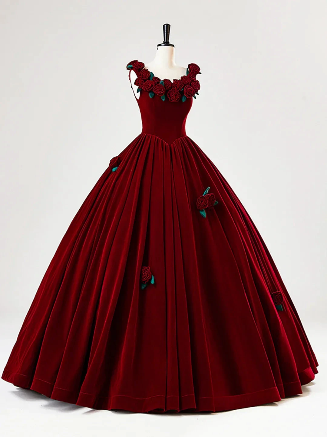 Beautiful Burgundy Velvet Quinceanera Dress Birthday Ball Gown With Rose Flowers Y7750