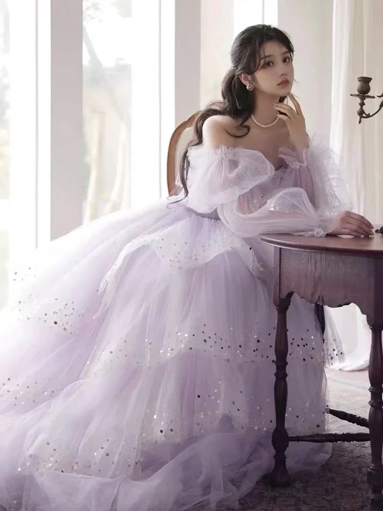 Sparkly Prom Dresses Purple Prom Dresses Robes Cocktail Off The Shoulder Prom Dresses Long Sleeve Prom DressesY2408