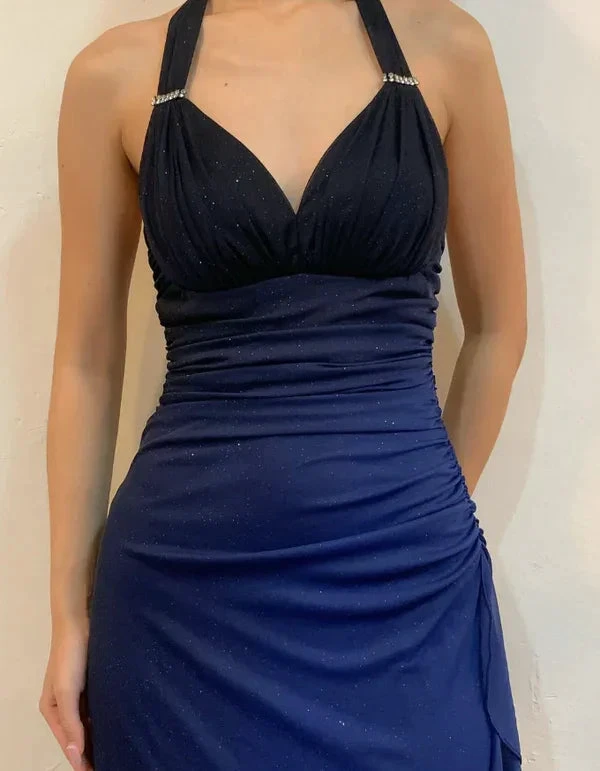 Sexy Halter Ombre Navy Blue V Neck Chiffon Long Prom Dress Party Evening Gown Y7486