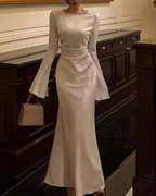 Women's O-Neck Satin Evening Dress Simple White Cocktail Dress Y6894