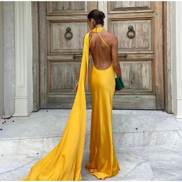 Yellow Satin Backless Off-Shoulder Long Prom Dress Evening Dress Y8466