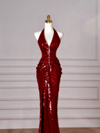 Sexy Burgundy Sequins Halter V Neck Evening Dress Backless Mermaid Evening Dress Y8628