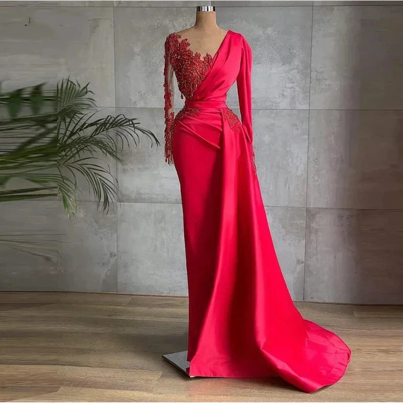 Long Red Satin Evening Dresses Sheer Neckline Long Sleeve Beaded African High Slit Women Formal Prom Dress S24678