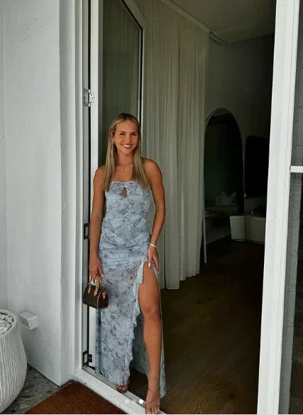 Chic Chiffon Print Floral Long Prom Dress Strapless Slit Party Evening Dress Y8238