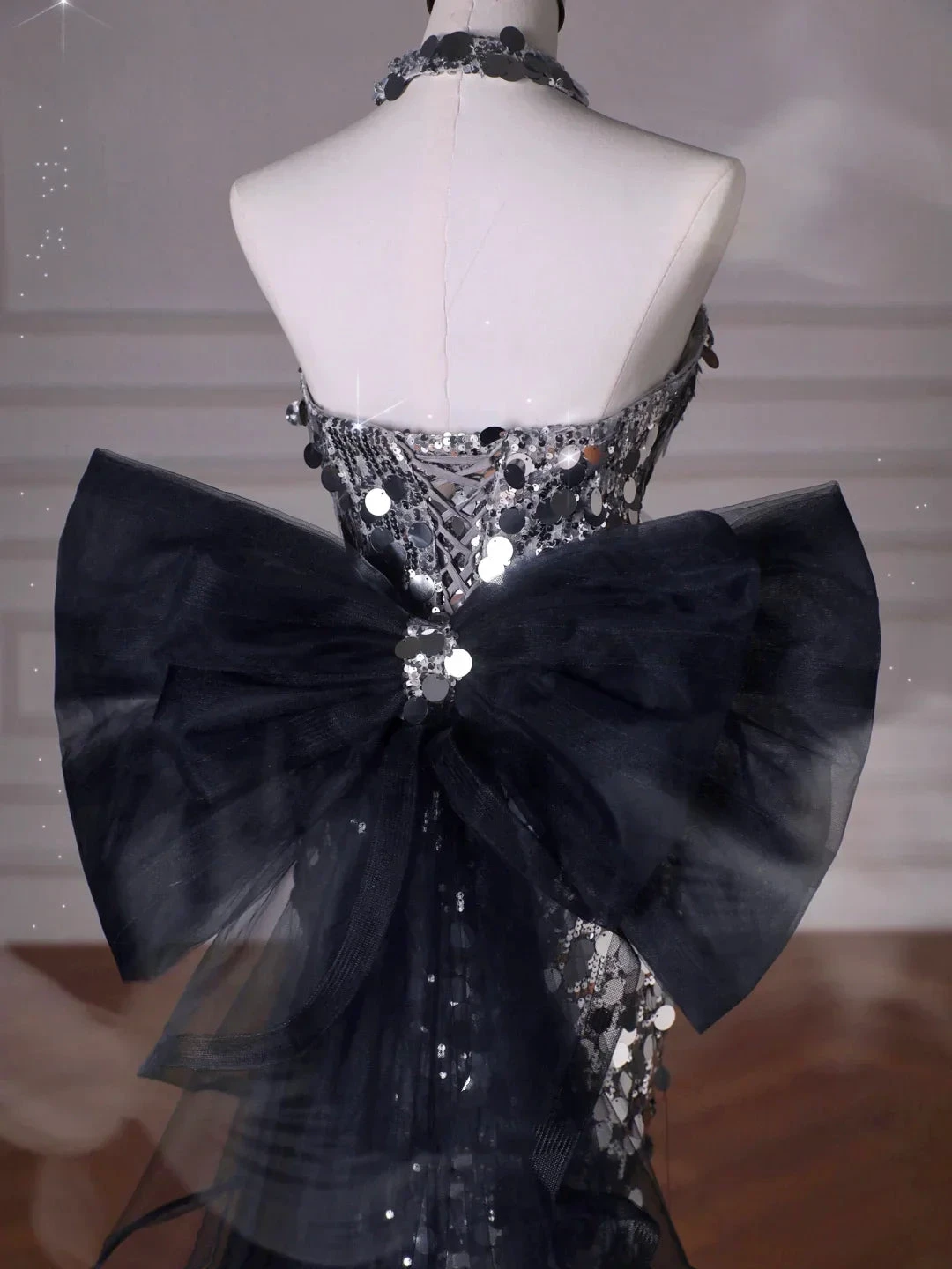 Black Glitter Sequins Tulle Mermaid Prom Dress Strapless Evening Dress With Bow Y8615