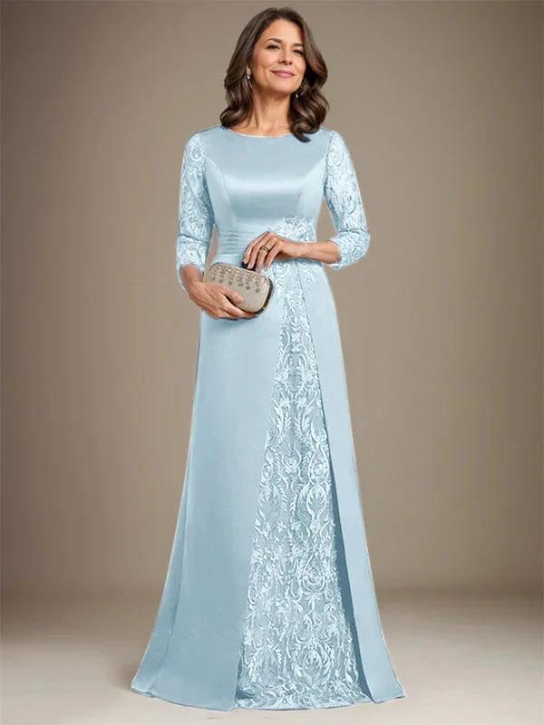 A-Line Scoop Floor-Length Lace Satin Mother Of the Bride Dress With Applique