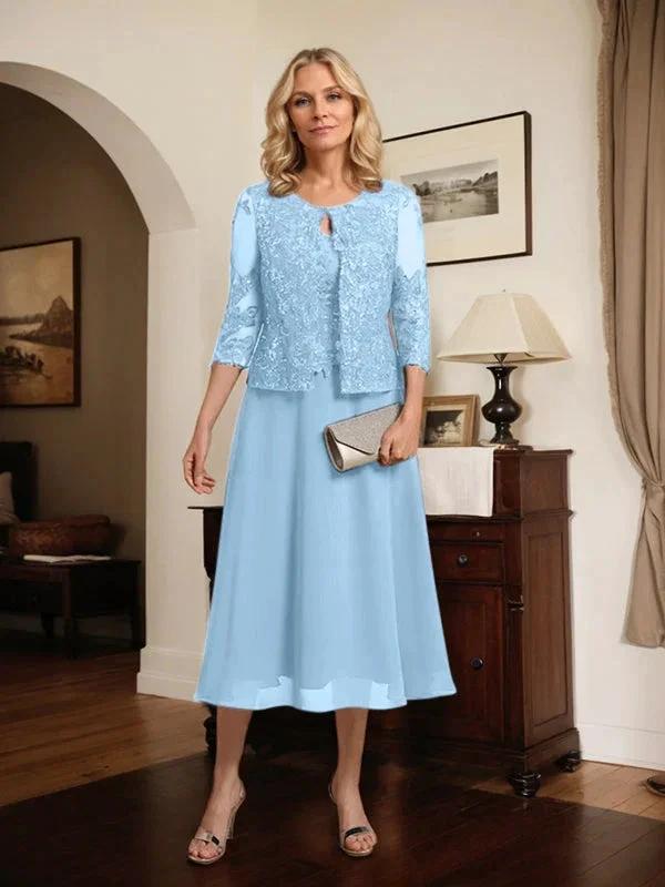 A-line Scoop Tea-Length Lace Chiffon Mother of the Bride Dress With Sequins