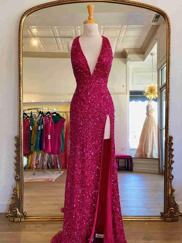 Sunnderly Backless Red Sequins Prom Gown With Slit SYP96