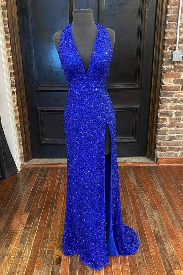 Sunnderly Backless Red Sequins Prom Gown With Slit SYP96