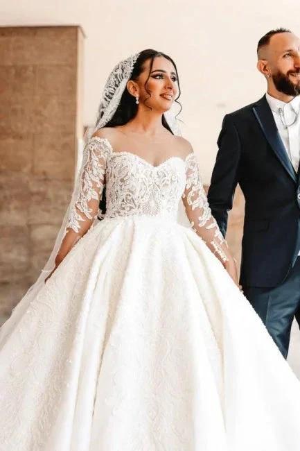 Ball Gown Sweetheart Long Sleeve Floor-Length Stain Wedding Dresses with Lace