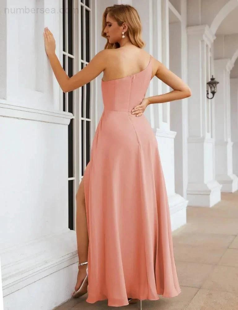Numbersea One Shoulder Chiffon Bridesmaid Dresses Long Formal Homecoming Prom Gowns for Women Party Wedding Evening SEA28052