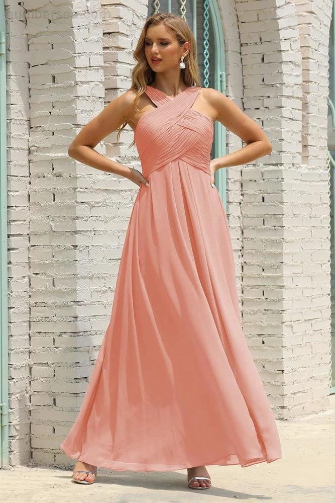 Numbersea Women Halter Chiffon Bridesmaid Dress A-line Long Formal Prom Gown SEA28015