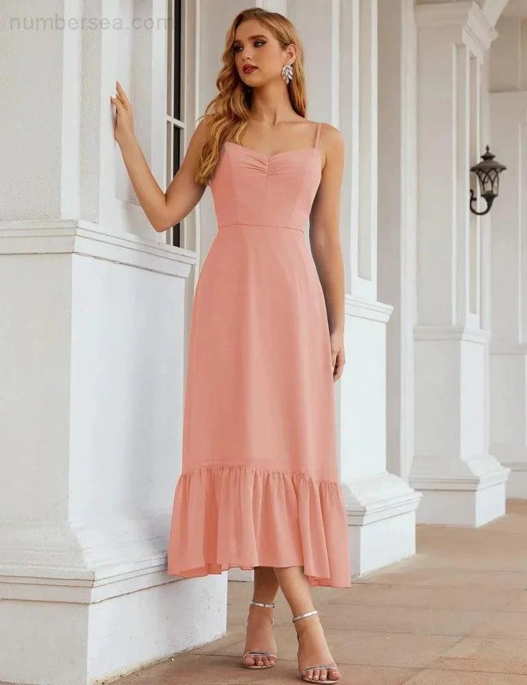 Numbersea  Spaghetti Strap Chiffon Bridesmaid Dress Ankle Length Formal A Line Cocktail Party Homecoming Dress for Juniors  SEA28028