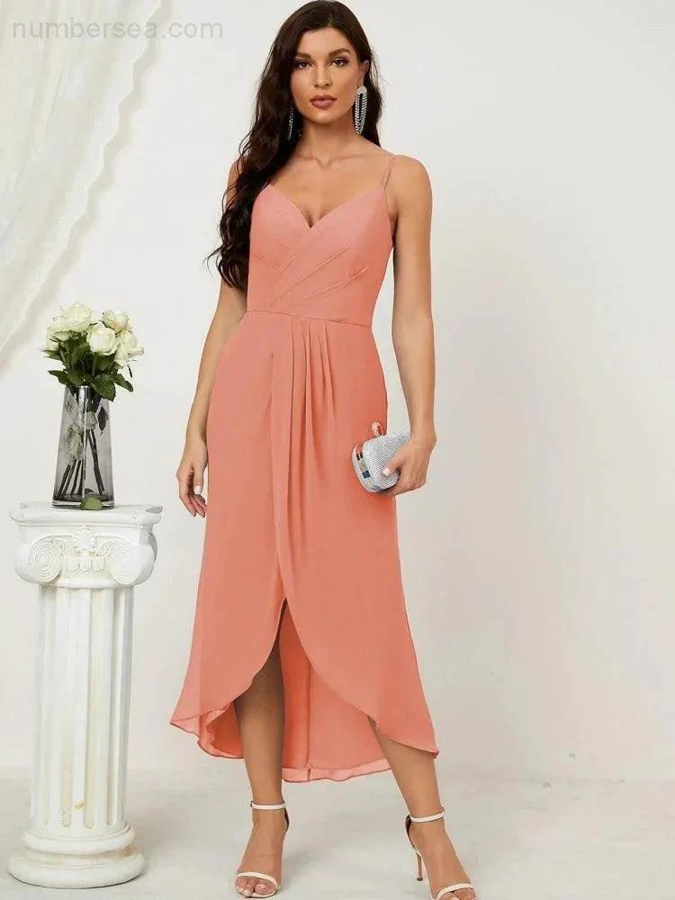Numbersea Spaghetti Chiffon V Neck Bridesmaid Dress Mid-Length Slit Formal Prom Dress Homecoming Dress 2803
