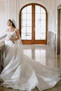 Beautiful Long A-line Split Front Sleeveless Wedding Dresses with Lace