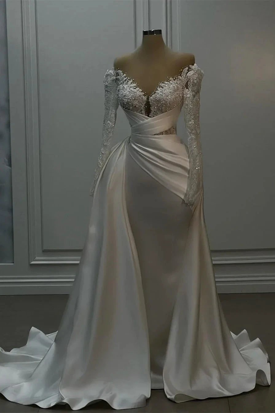 Beautiful Long White A-line Lace Satin Wedding Dress With Long Sleeves
