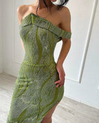 Beautiful Mermaid Sleeveless Satin Sequined Split Limegreen Prom Dress