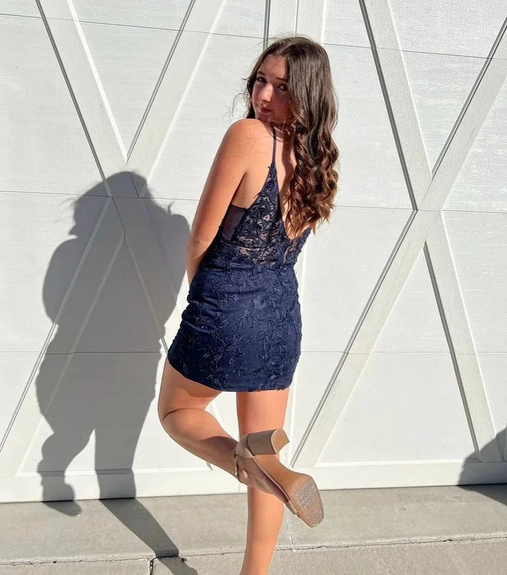 Beautiful Short Navy Spaghetti Straps Homecoming Dress With Lace