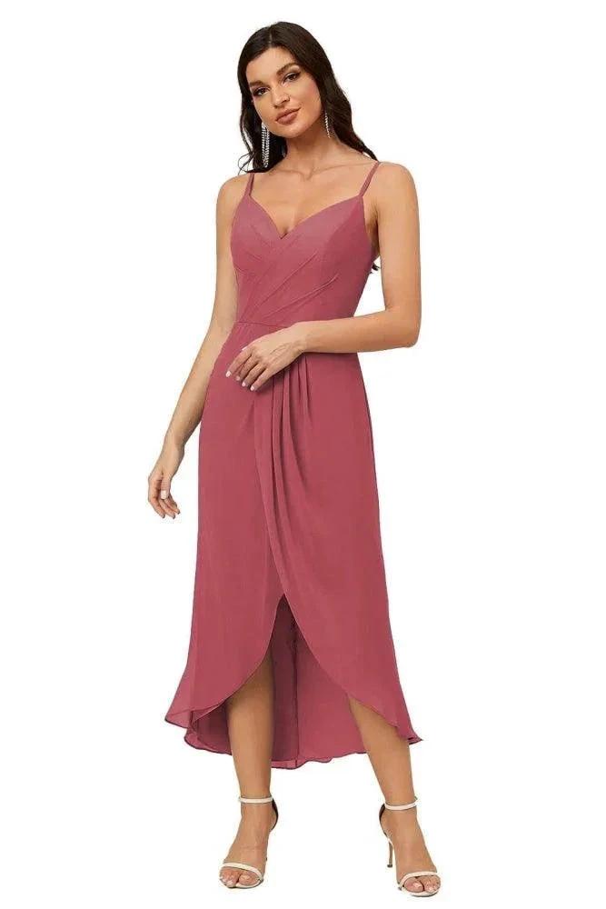 Numbersea Spaghetti Chiffon V Neck Bridesmaid Dress Mid-Length Slit Formal Prom Dress Homecoming Dress 2803