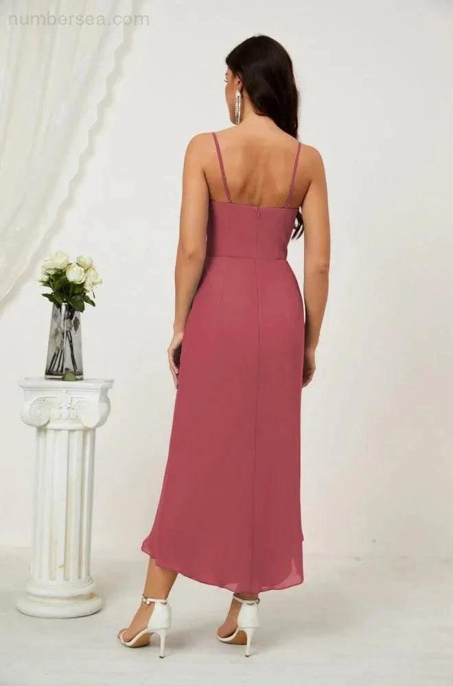 Numbersea Spaghetti Chiffon V Neck Bridesmaid Dress Mid-Length Slit Formal Prom Dress Homecoming Dress 2803