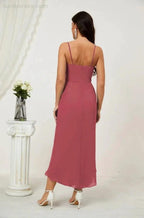 Numbersea Spaghetti Chiffon V Neck Bridesmaid Dress Mid-Length Slit Formal Prom Dress Homecoming Dress 2803