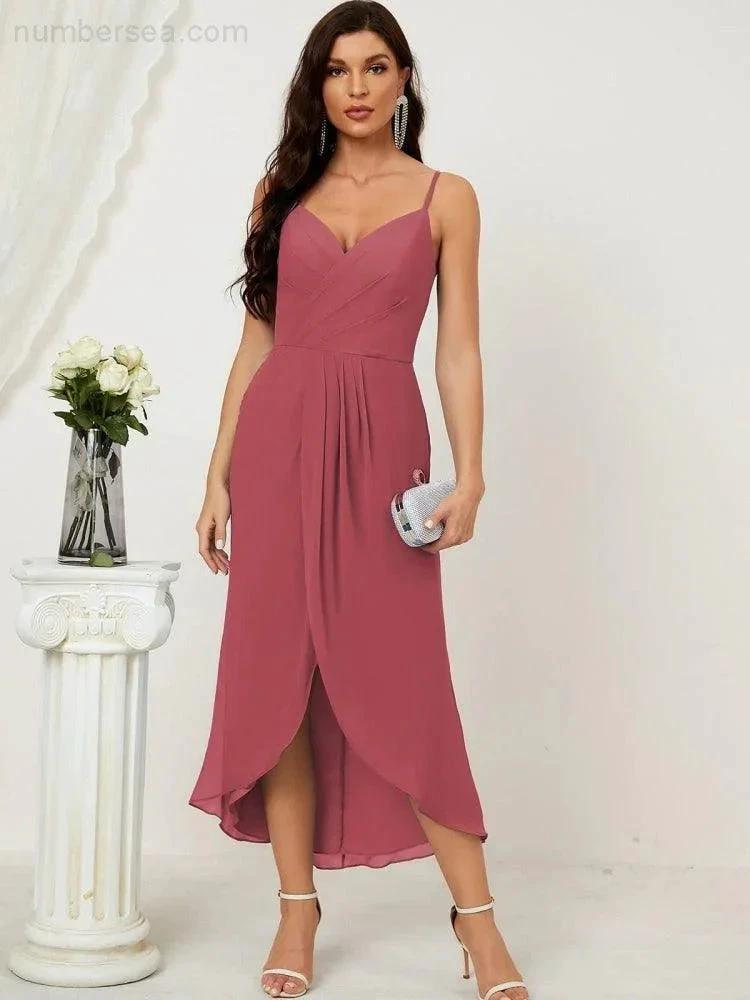 Numbersea Spaghetti Chiffon V Neck Bridesmaid Dress Mid-Length Slit Formal Prom Dress Homecoming Dress 2803