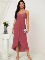 Numbersea Spaghetti Chiffon V Neck Bridesmaid Dress Mid-Length Slit Formal Prom Dress Homecoming Dress 2803
