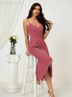 Numbersea Spaghetti Chiffon V Neck Bridesmaid Dress Mid-Length Slit Formal Prom Dress Homecoming Dress 2803